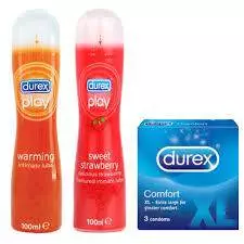 Durex play warming 100 ml & Durex play sweet strawberry 100ml & Durex xl 3 condoms combo pack