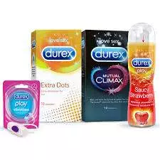 Durex play saucy strawberry lubricant gel 50ml & Durex Mutual Climax Condoms & Durex Extra Dots condoms mega pack
