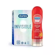 Durex massage 2in1 Lubricant 100ml gel & Durex invisible condom 10 pcs mega pack